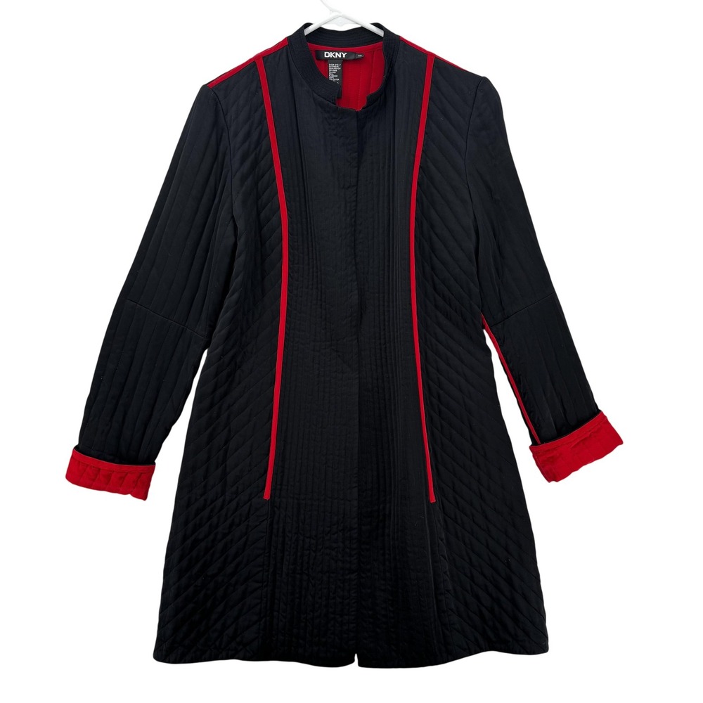 DKNY Coat Womens 10 Black Red Quilted Long Jacket Silk Lined Modern Chic